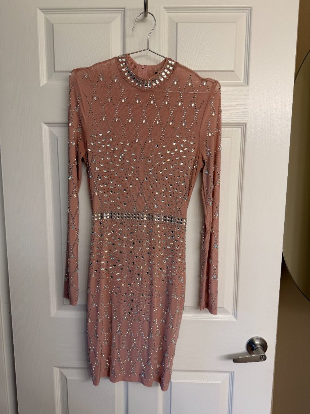 Banjul Embellished Long Sleeve Bodycon Mini Dress Pink Rhinestone Mesh